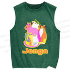Unisex Cartoon Jenga Cats Printed Washed Tank Top
