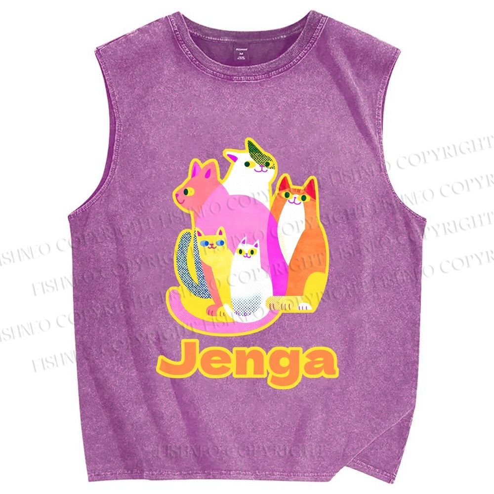 Unisex Cartoon Jenga Cats Printed Washed Tank Top