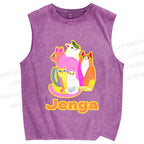 Unisex Cartoon Jenga Cats Printed Washed Tank Top