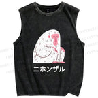Unisex Japanese Silent Monkey With Eyes Closed Printed Washed Tank Top