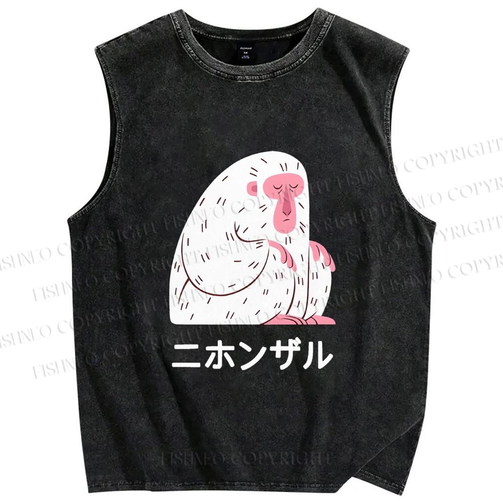 Unisex Japanese Silent Monkey With Eyes Closed Printed Washed Tank Top