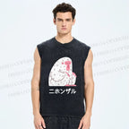 Unisex Japanese Silent Monkey With Eyes Closed Printed Washed Tank Top