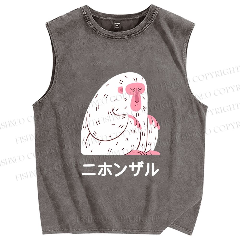 Unisex Japanese Silent Monkey With Eyes Closed Printed Washed Tank Top