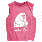 Unisex Japanese Silent Monkey With Eyes Closed Printed Washed Tank Top