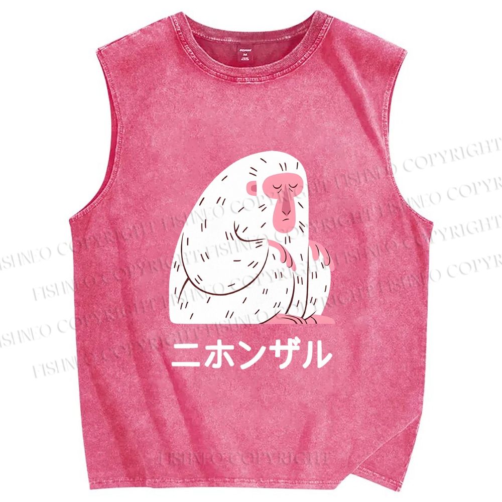 Unisex Japanese Silent Monkey With Eyes Closed Printed Washed Tank Top