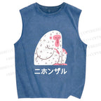 Unisex Japanese Silent Monkey With Eyes Closed Printed Washed Tank Top