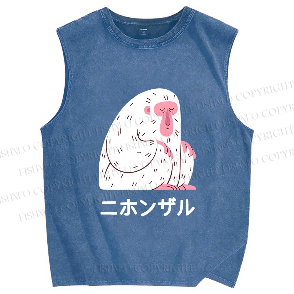 Unisex Japanese Silent Monkey With Eyes Closed Printed Washed Tank Top