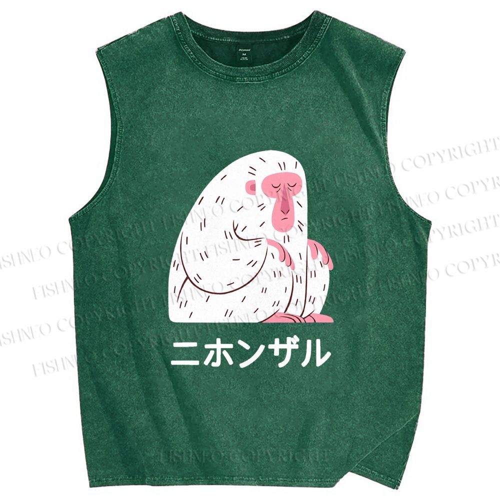 Unisex Japanese Silent Monkey With Eyes Closed Printed Washed Tank Top