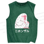 Unisex Japanese Silent Monkey With Eyes Closed Printed Washed Tank Top