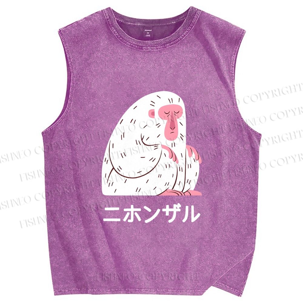 Unisex Japanese Silent Monkey With Eyes Closed Printed Washed Tank Top