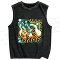 Unisex Tiger With Birds Printed Washed Tank Top