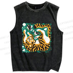 Unisex Tiger With Birds Printed Washed Tank Top