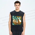 Unisex Tiger With Birds Printed Washed Tank Top