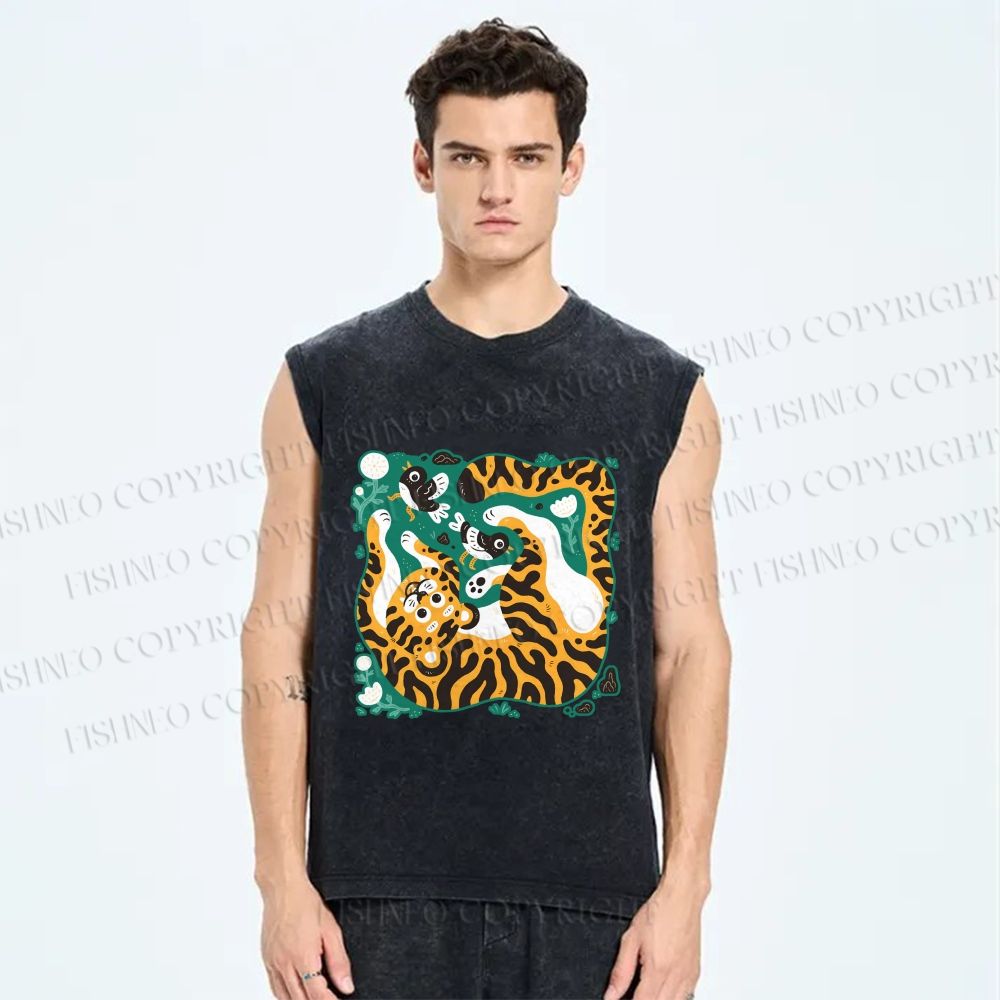 Unisex Tiger With Birds Printed Washed Tank Top