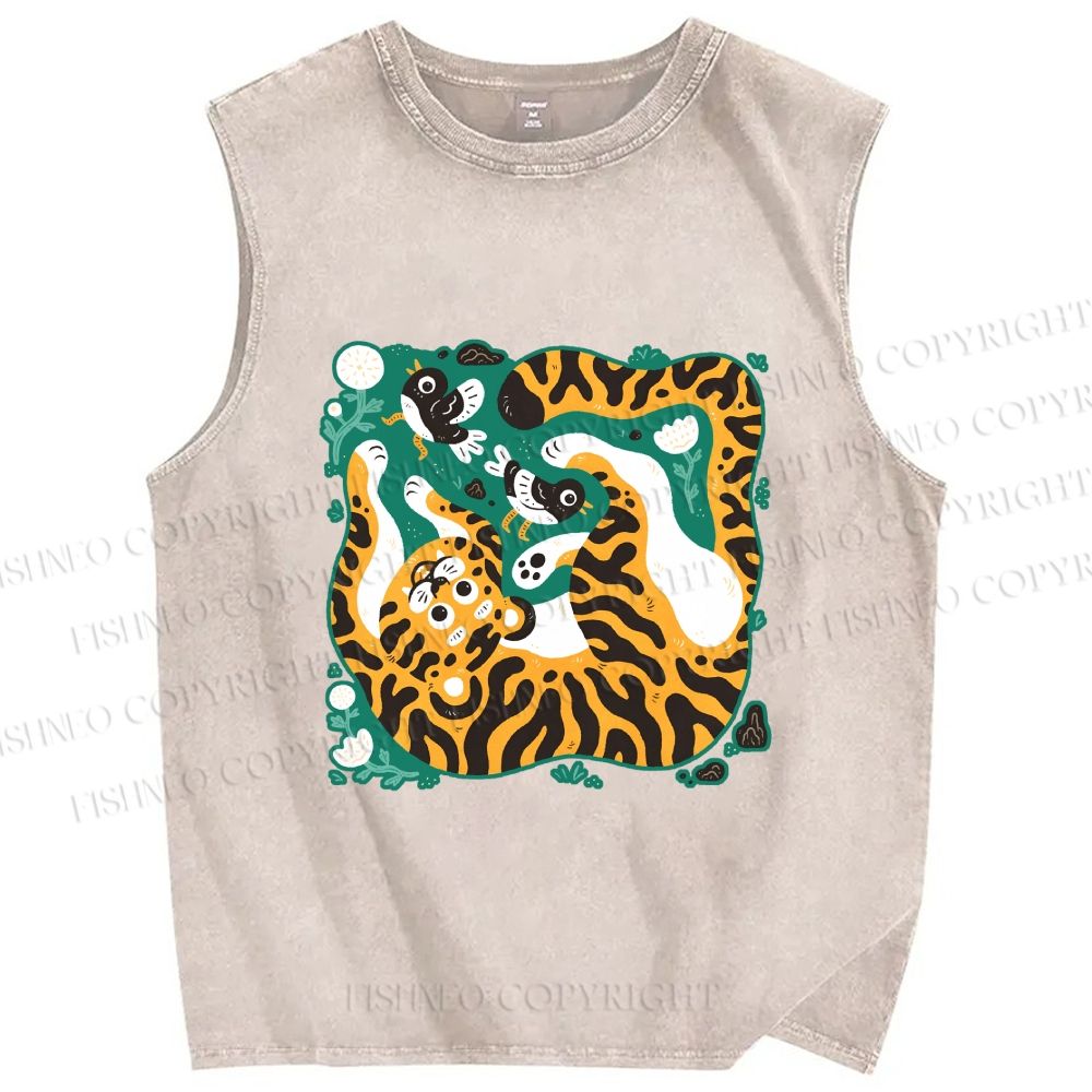 Unisex Tiger With Birds Printed Washed Tank Top