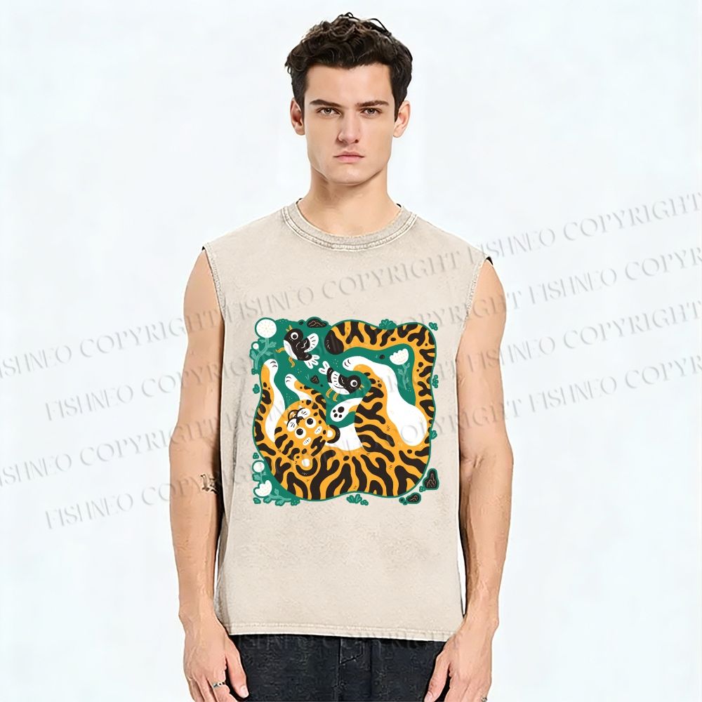 Unisex Tiger With Birds Printed Washed Tank Top