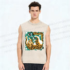Unisex Tiger With Birds Printed Washed Tank Top