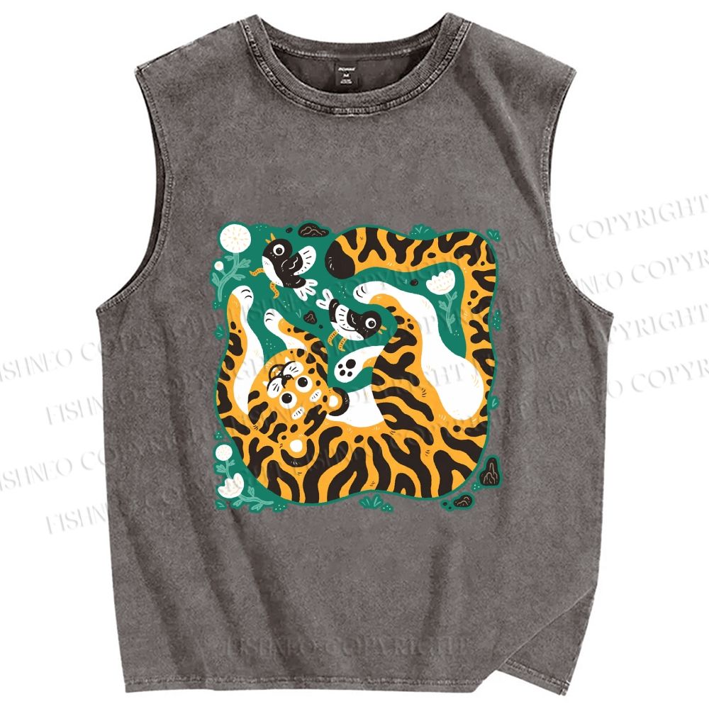 Unisex Tiger With Birds Printed Washed Tank Top