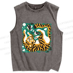 Unisex Tiger With Birds Printed Washed Tank Top
