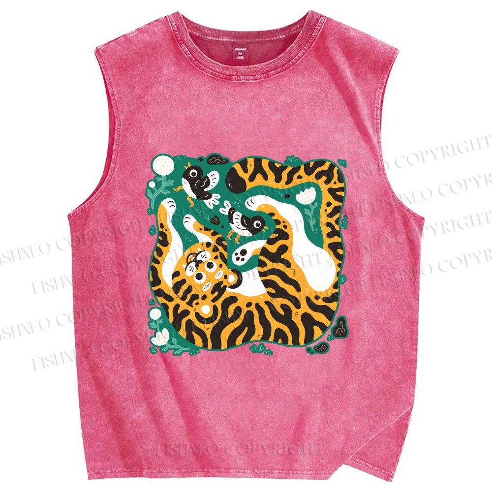 Unisex Tiger With Birds Printed Washed Tank Top