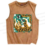 Unisex Tiger With Birds Printed Washed Tank Top