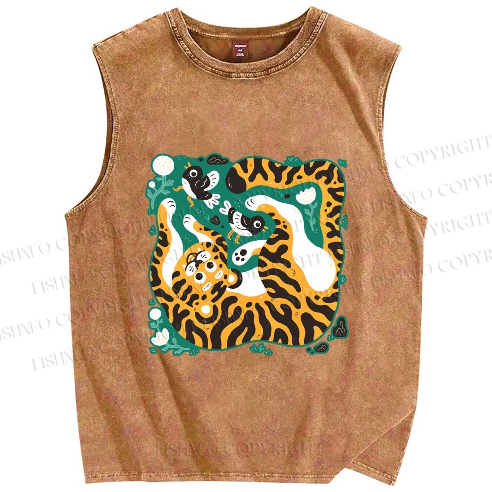 Unisex Tiger With Birds Printed Washed Tank Top