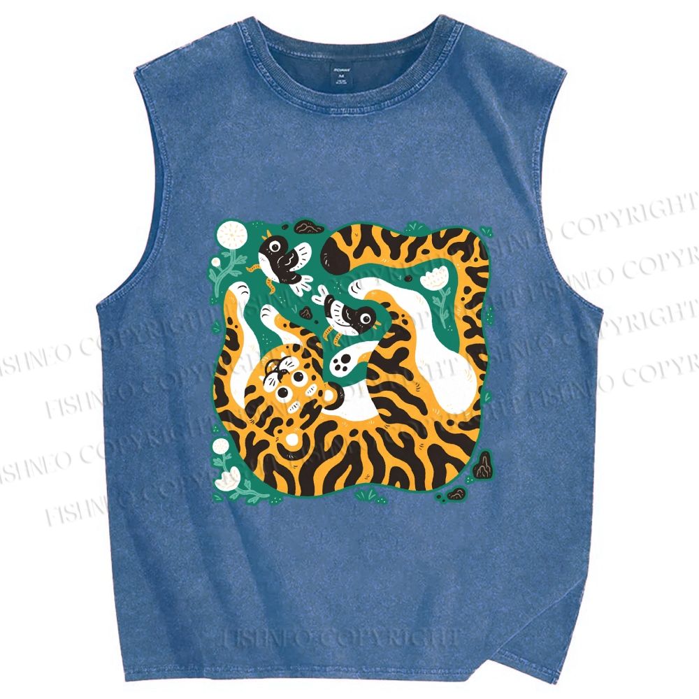 Unisex Tiger With Birds Printed Washed Tank Top