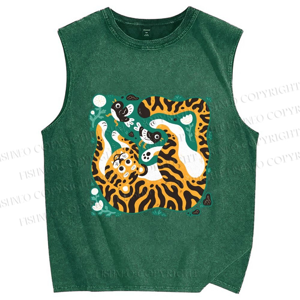 Unisex Tiger With Birds Printed Washed Tank Top