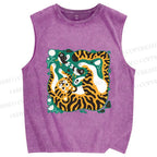 Unisex Tiger With Birds Printed Washed Tank Top