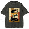 Unisex Stacked Japanese Cats Printed Washed Tee