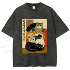 Unisex Stacked Japanese Cats Printed Washed Tee