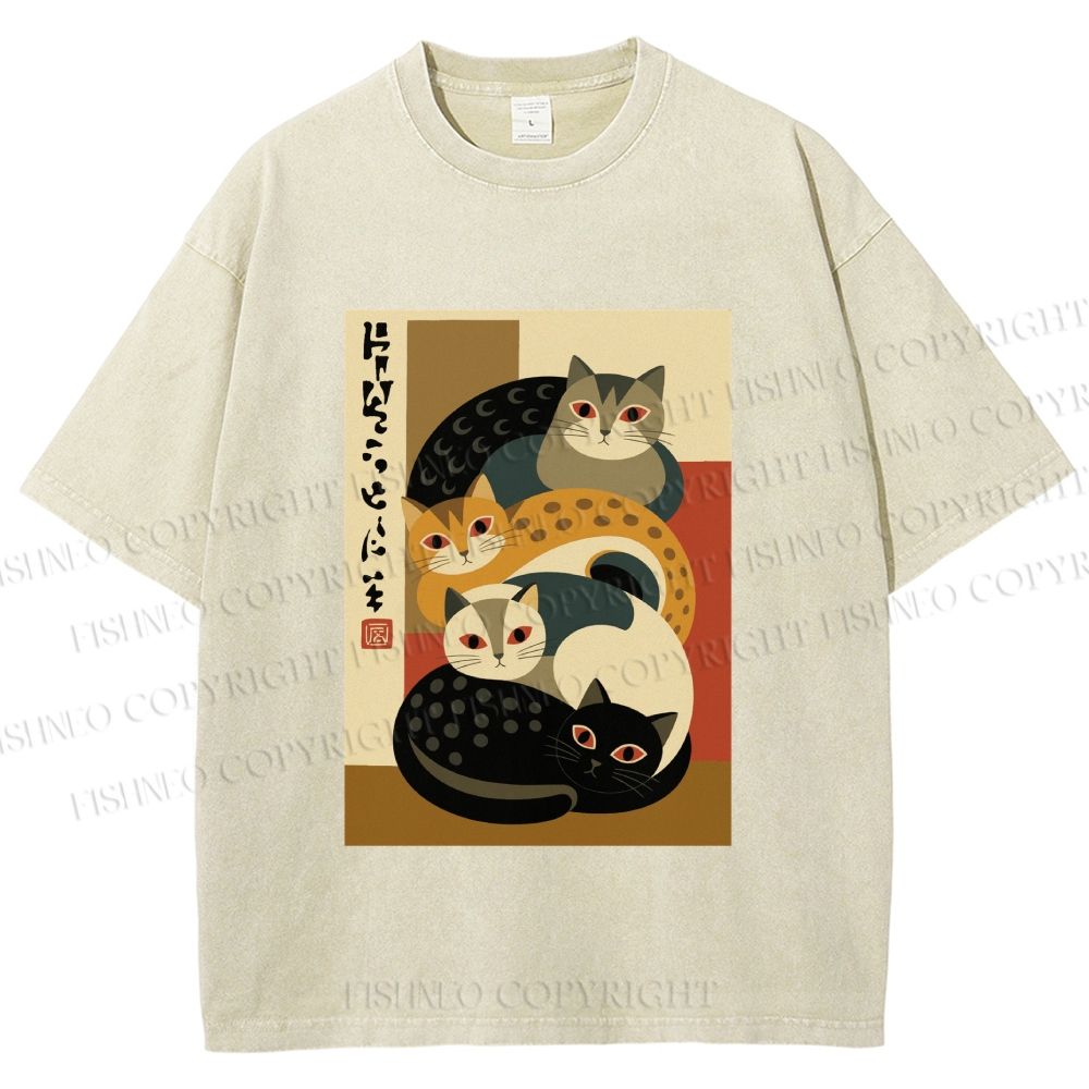 Unisex Stacked Japanese Cats Printed Washed Tee