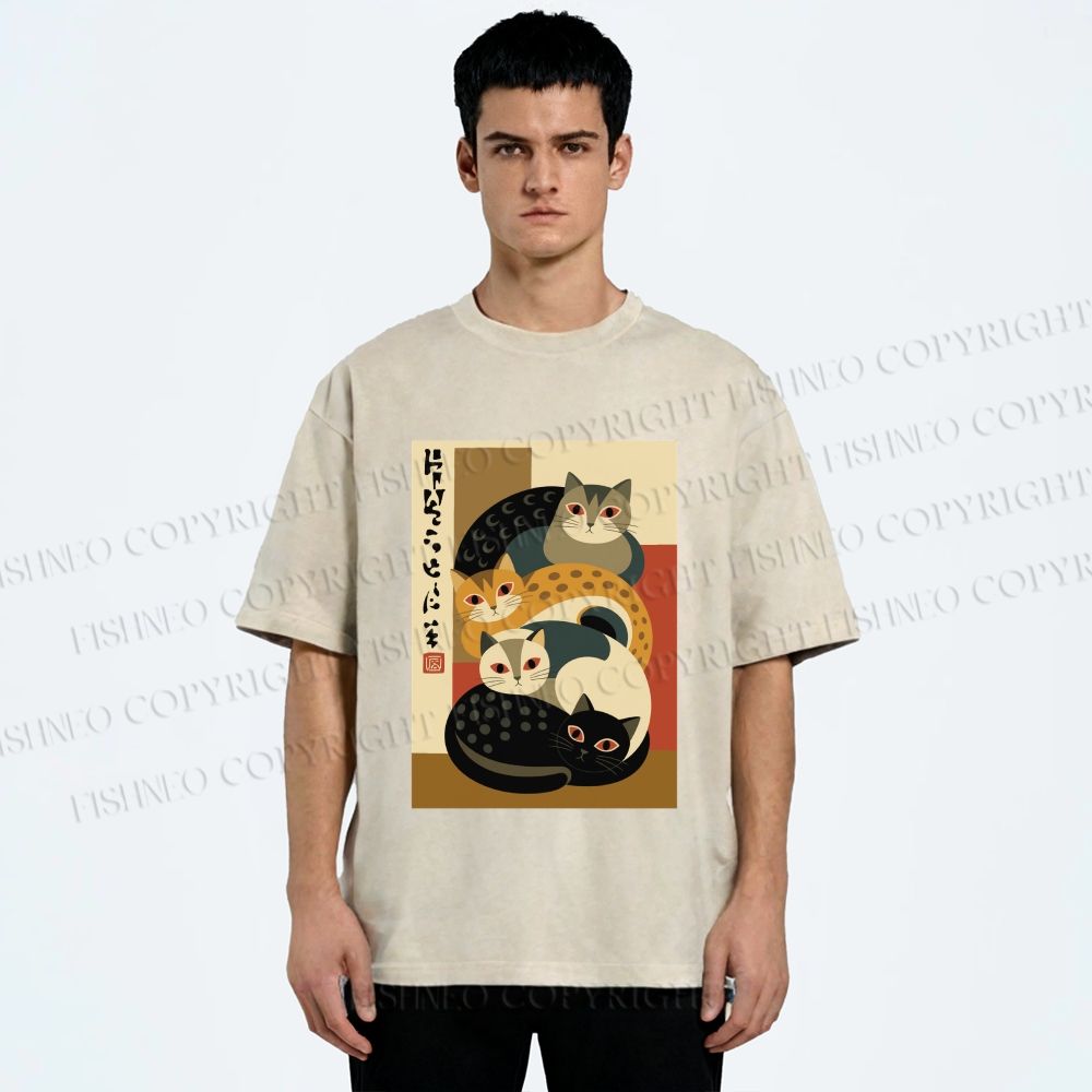Unisex Stacked Japanese Cats Printed Washed Tee