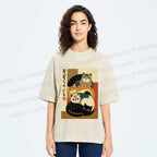 Unisex Stacked Japanese Cats Printed Washed Tee