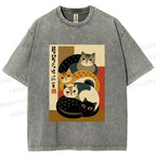 Unisex Stacked Japanese Cats Printed Washed Tee