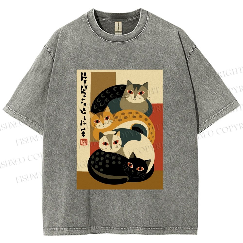 Unisex Stacked Japanese Cats Printed Washed Tee
