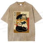 Unisex Stacked Japanese Cats Printed Washed Tee