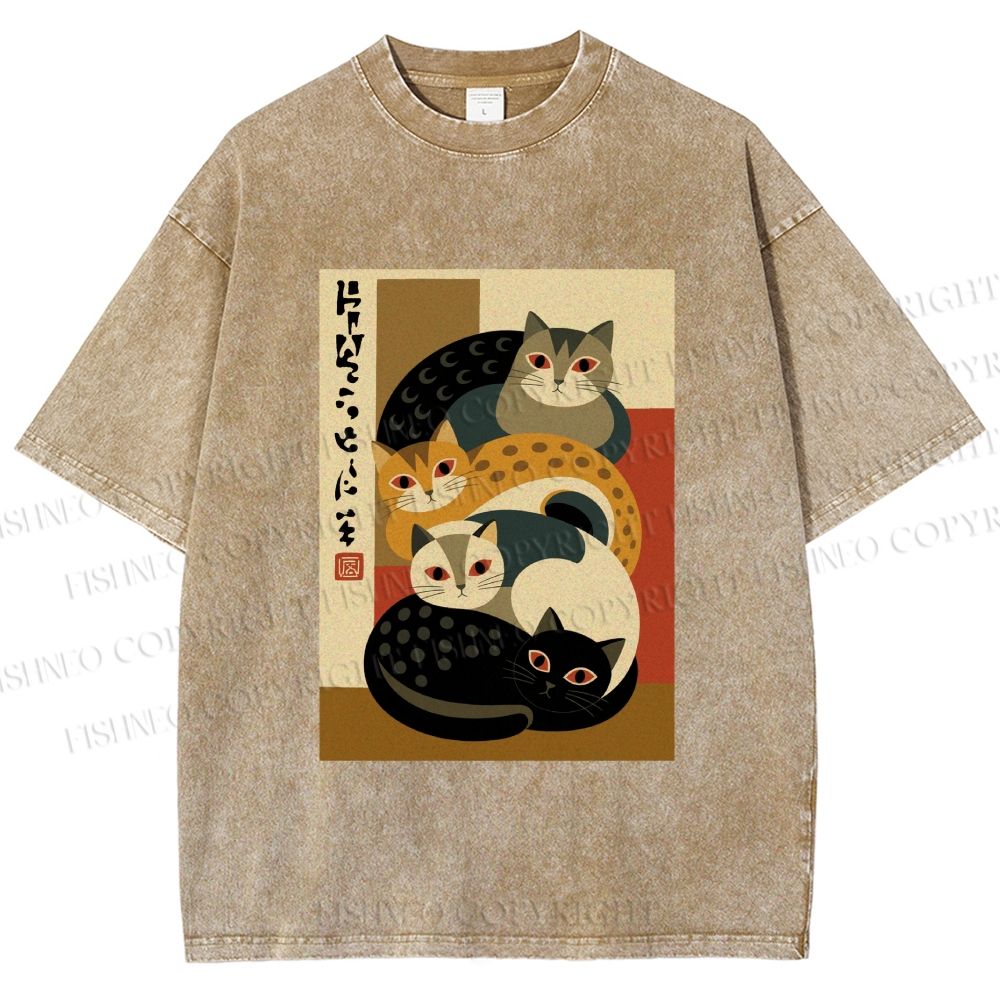 Unisex Stacked Japanese Cats Printed Washed Tee