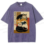 Unisex Stacked Japanese Cats Printed Washed Tee
