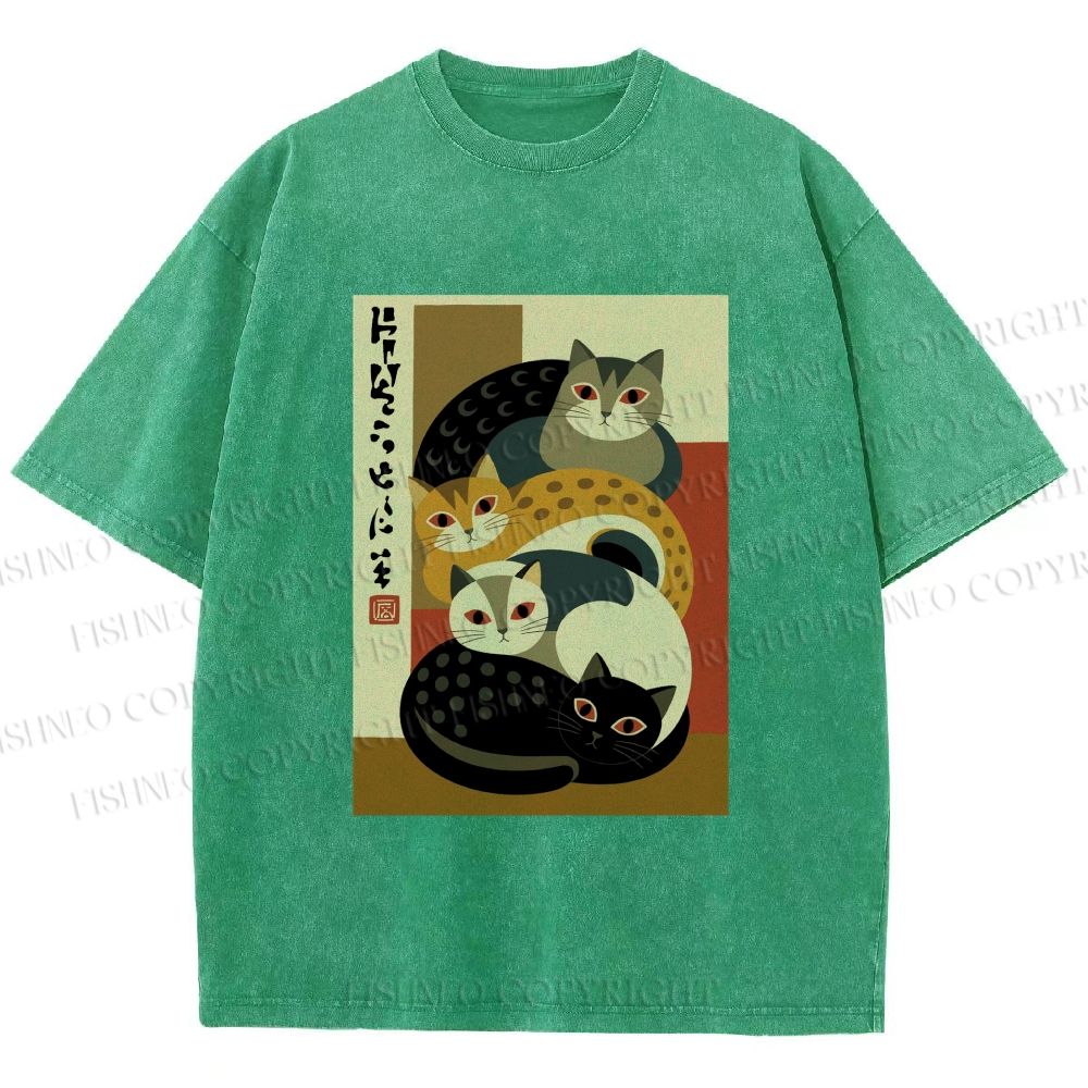 Unisex Stacked Japanese Cats Printed Washed Tee