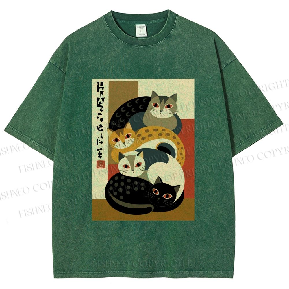 Unisex Stacked Japanese Cats Printed Washed Tee