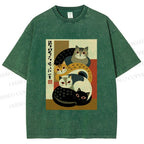Unisex Stacked Japanese Cats Printed Washed Tee