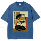 Unisex Stacked Japanese Cats Printed Washed Tee