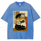 Unisex Stacked Japanese Cats Printed Washed Tee