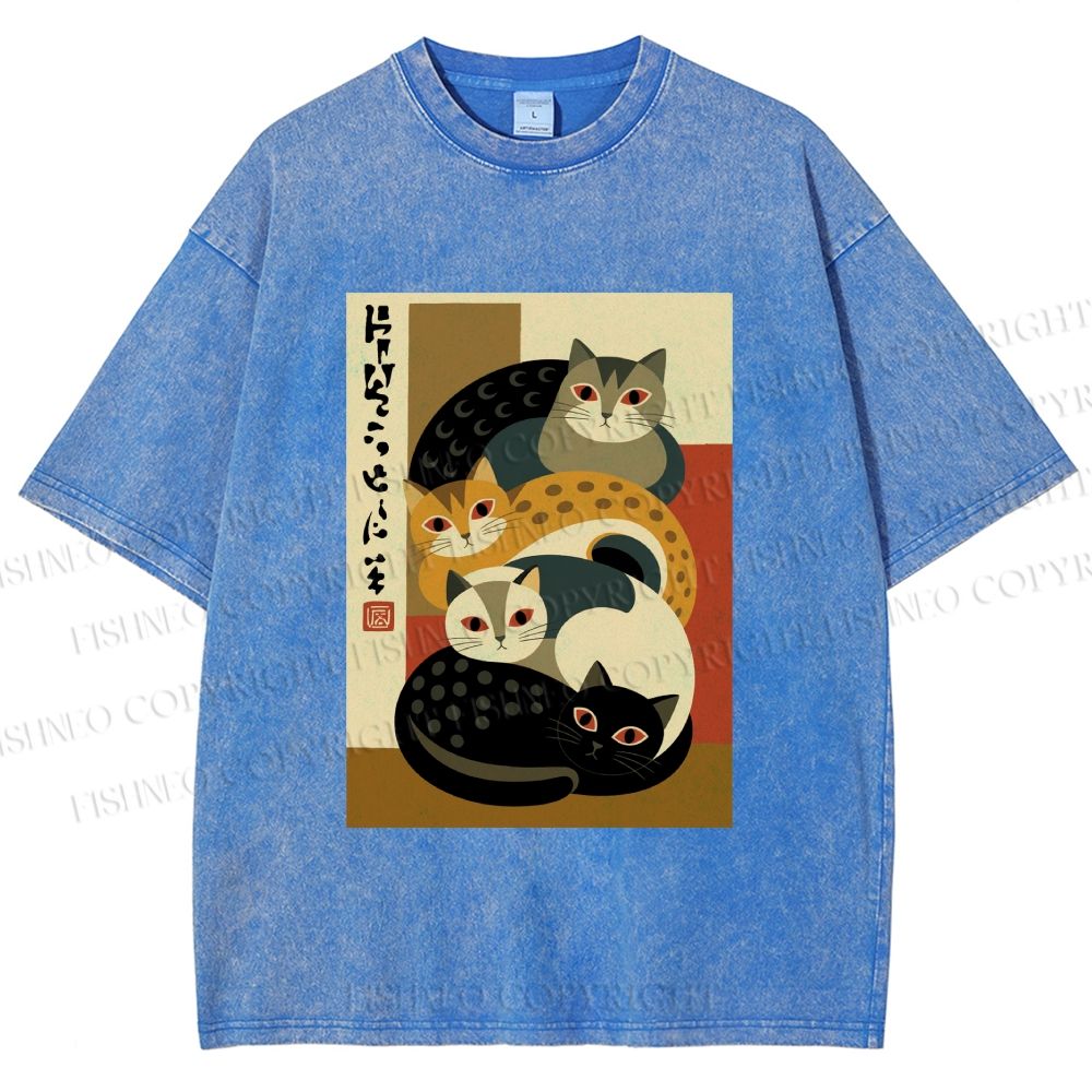 Unisex Stacked Japanese Cats Printed Washed Tee