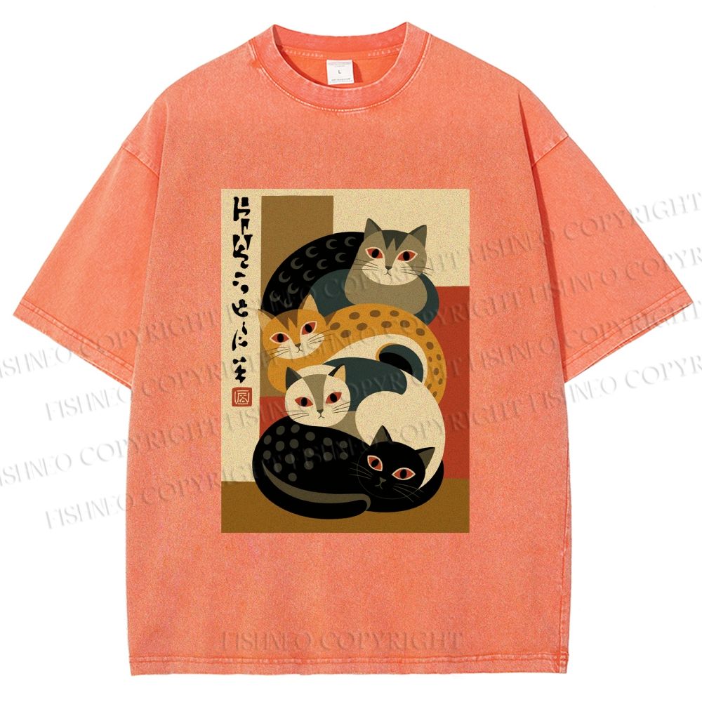 Unisex Stacked Japanese Cats Printed Washed Tee