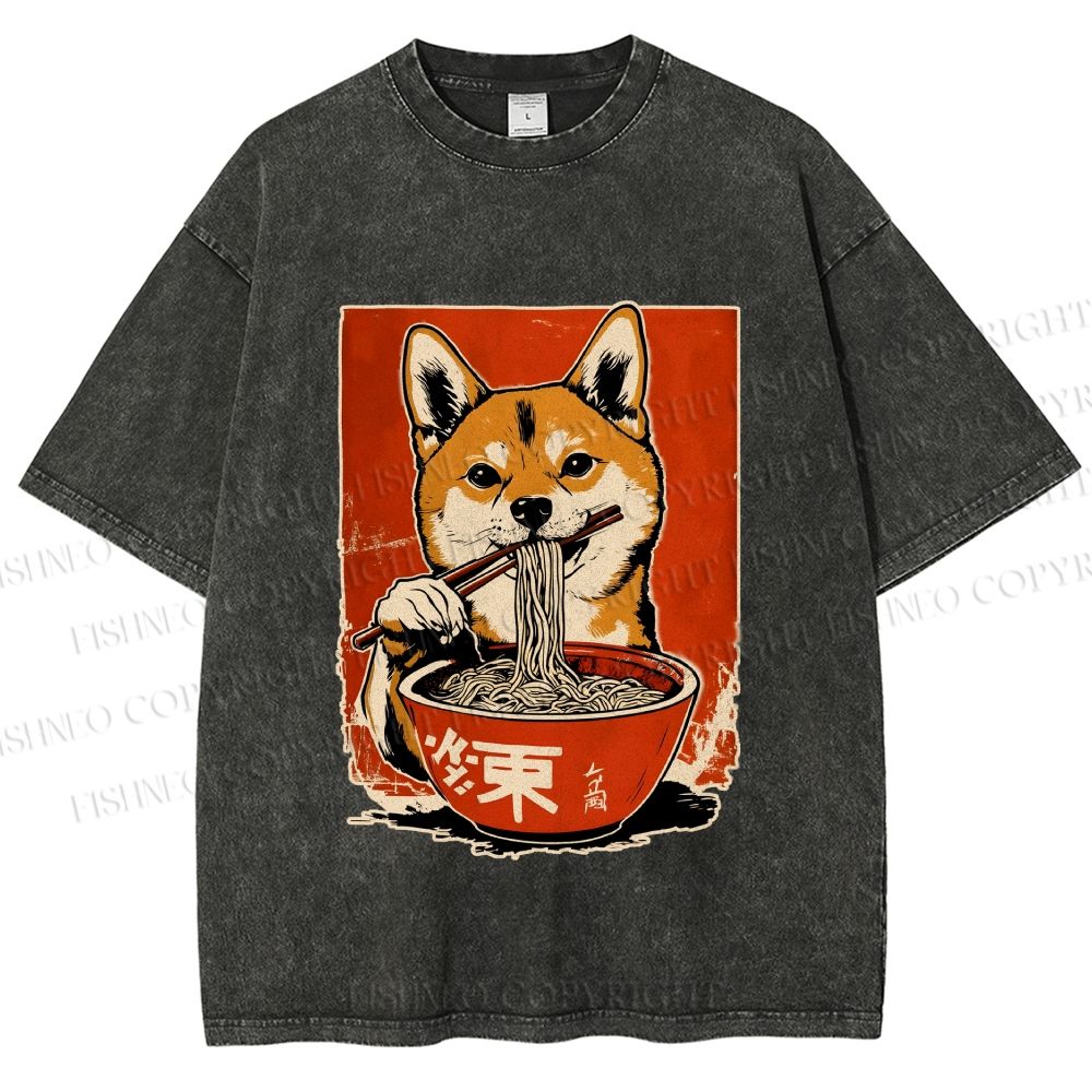 Unisex Japanese Ramen Shiba Dog Printed Washed Tee