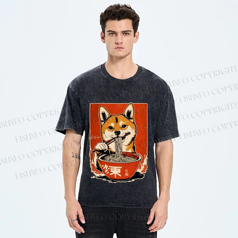 Unisex Japanese Ramen Shiba Dog Printed Washed Tee