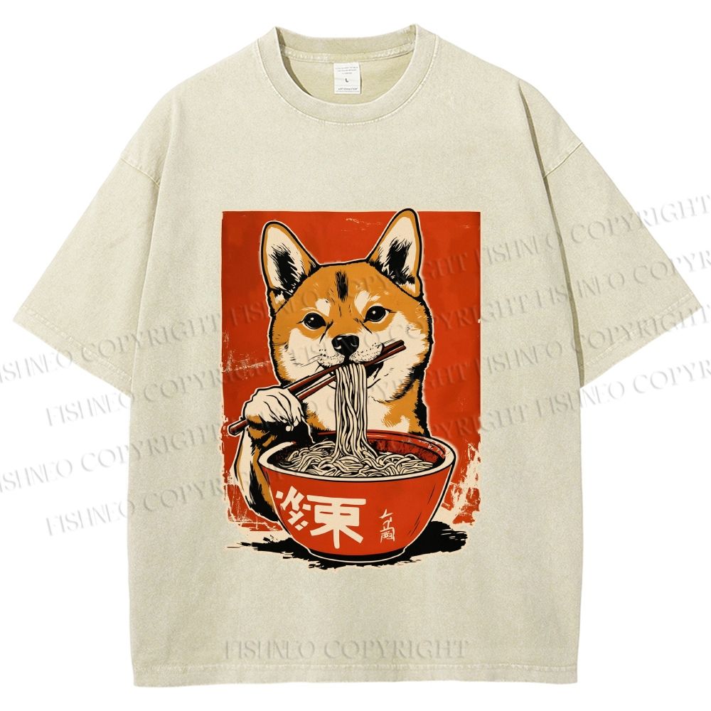 Unisex Japanese Ramen Shiba Dog Printed Washed Tee