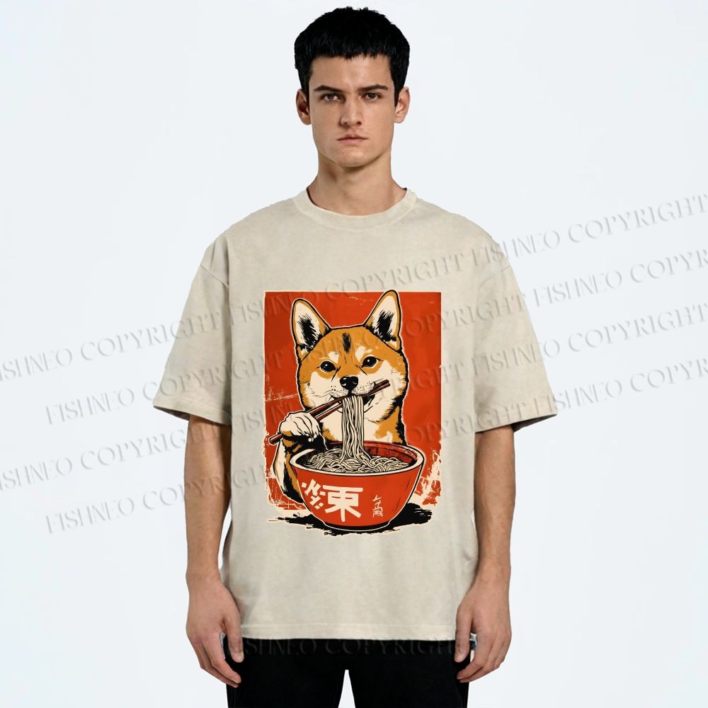 Unisex Japanese Ramen Shiba Dog Printed Washed Tee